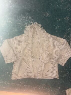 Stitch Cream Boho Country Fringe knitted open cardigan sweater size Large